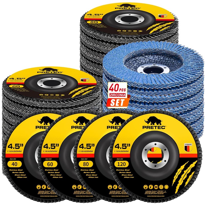 PRETEC Flap Discs 4 1/2 for Angle Grinder, 40 Pcs Flap Discs 40/60/80/120 Grit, 4.5" x 7/8" High Density Zirconia Type 27 Flap Sanding Disc for Grinding, Rust Removal, Sanding and Finishing - 40Packs - Image 1